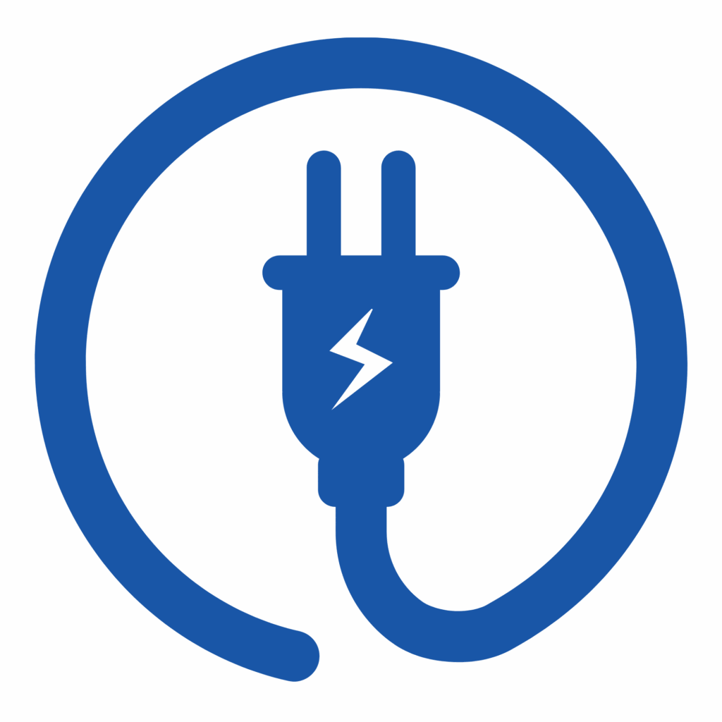 Electrical symbol featuring a power plug with a lightning bolt inside a circular cord to represent electrical services and power solutions.